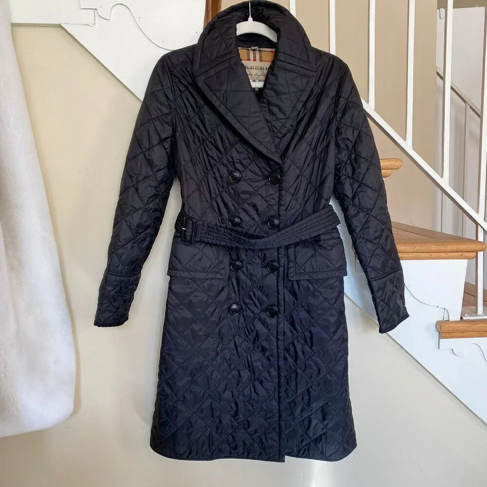 Burberry Quilted Double-Breasted Belted Trench Jacket Black Womens XS - Picture 13 of 17